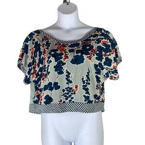 Julienne W Size Small Blouse Blue Gray Floral Short Sleeve Crop Top Low Back